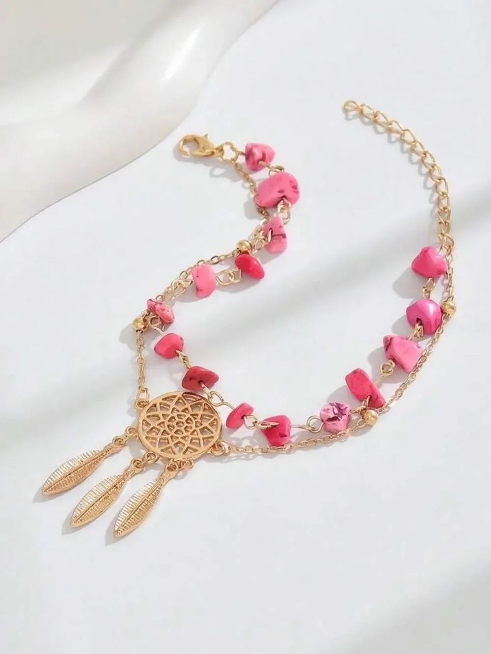 Pink beaded anklet R676 - Picture 2 of 3